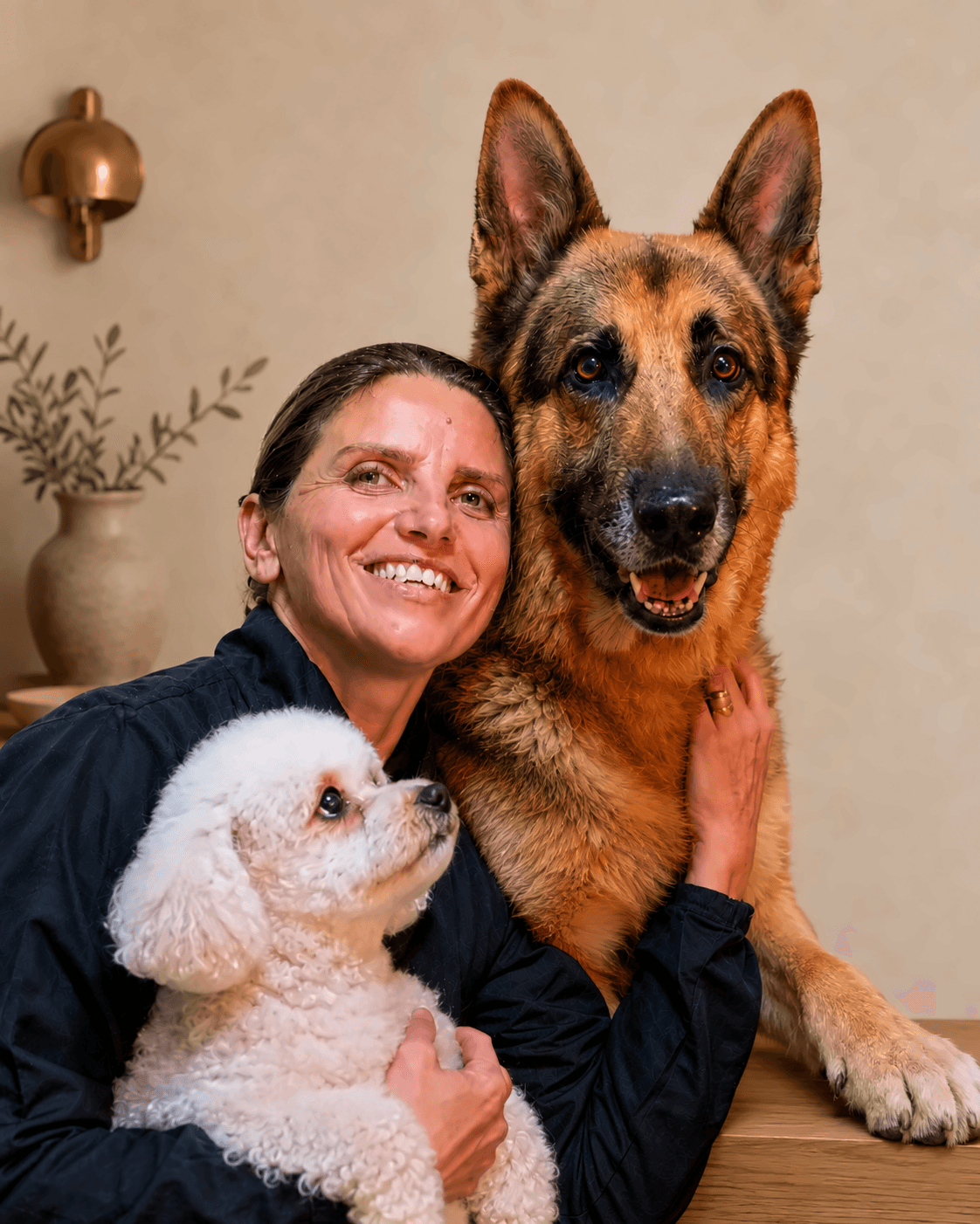 Adina in the salon with Duke, her German shepherd, and Nuvola, her white poodle
